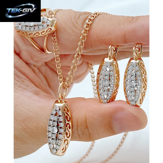 Kinel Heißer 585 Rose Gold Farbe Ethnische Braut Schmuck Sets Voll Glänzenden Natürlichen Zirkon Ring Ohrringe Halskette Für Frauen Edlen Schmuck