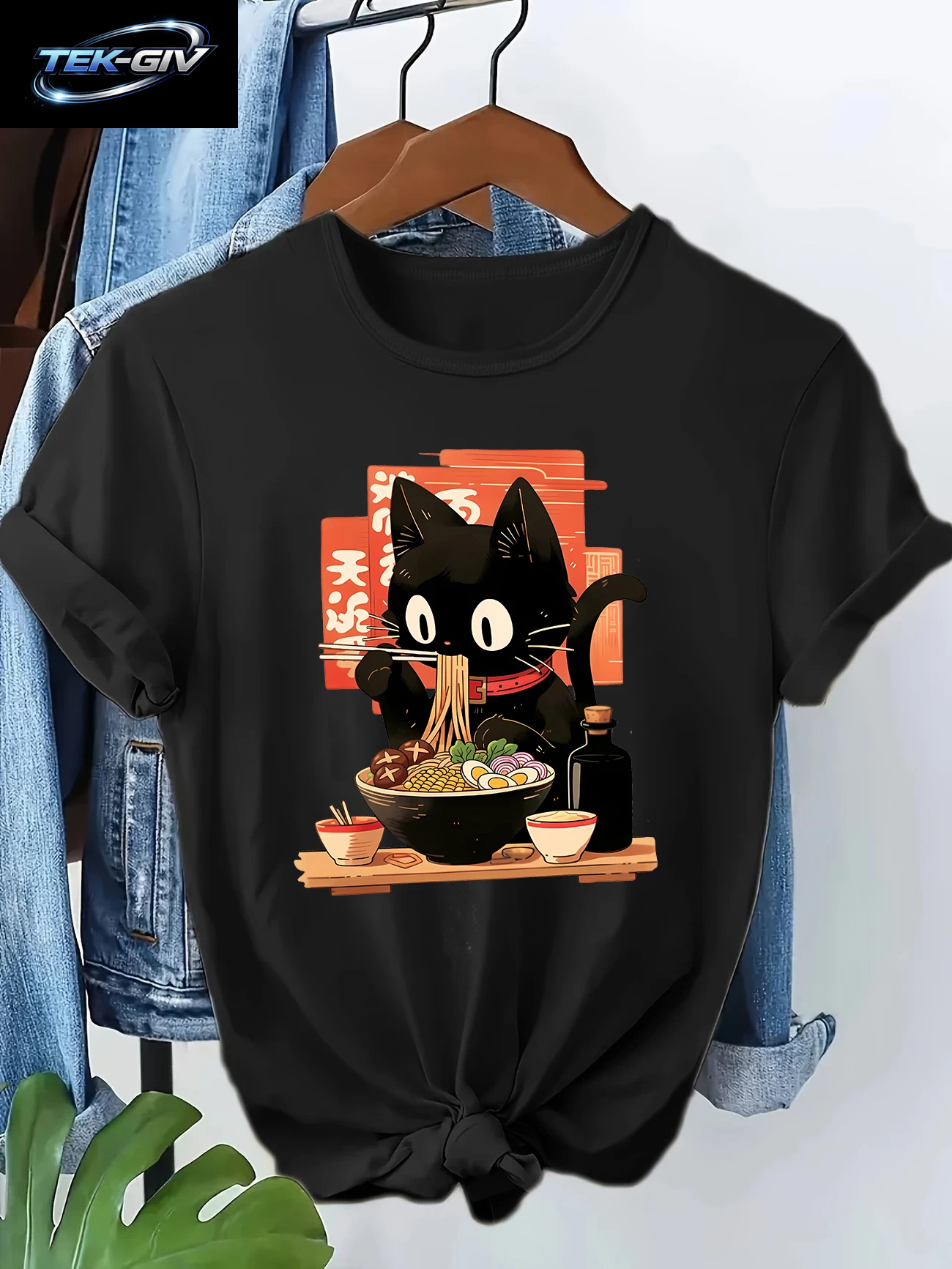 Japanisches Ramen-Katzen-T-Shirt Mit Lustigem Aufdruck, Vintage-Stil, Lässiges Grafik-T-Shirt Für Damen, Kurzärmelig, Kleidung, Top, T-Shirt