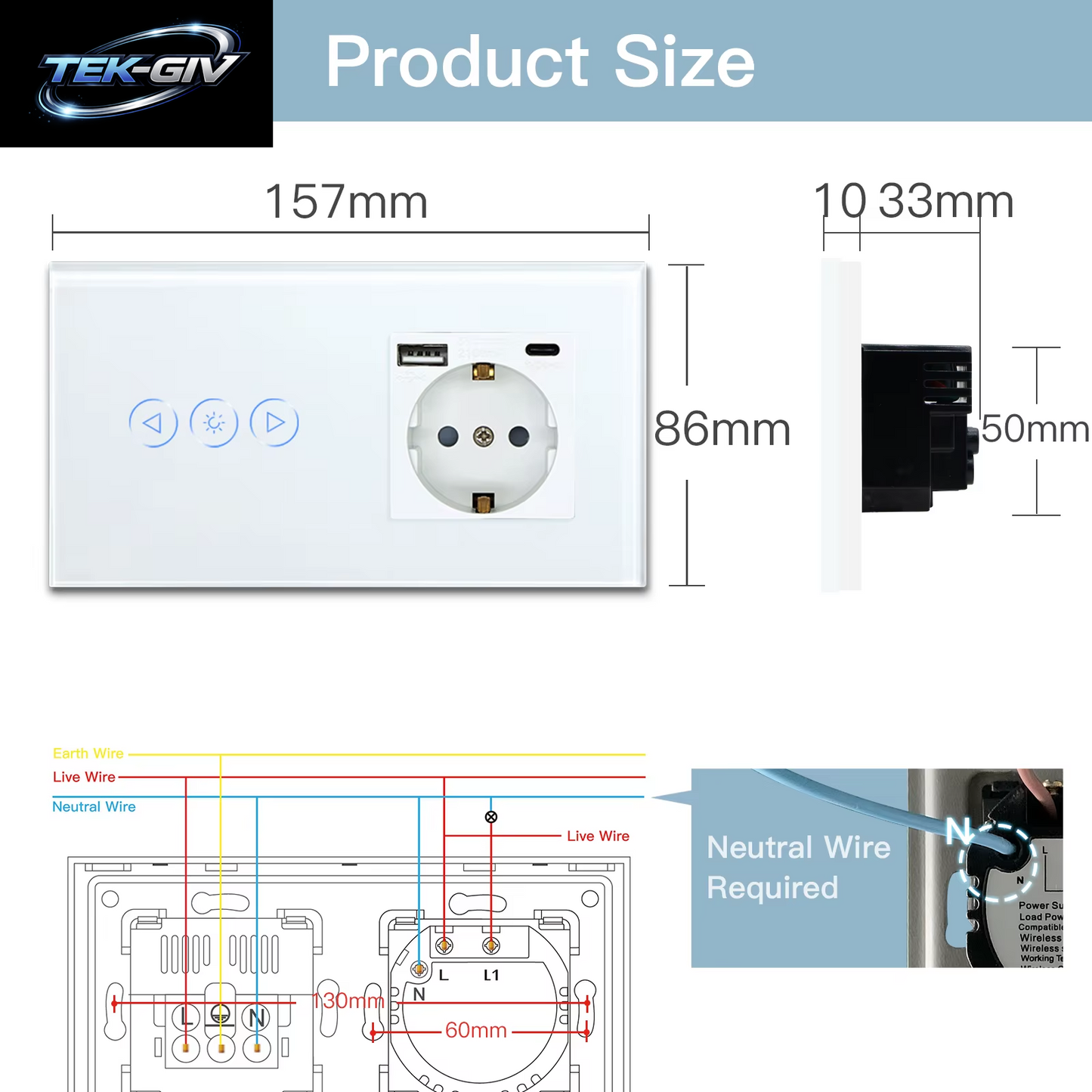 BSEED Wifi Dimmer Schalter 1Gang Smart Touch Schalter up down Tuya Smart Leben Alexa App Mit EU Steckdose Typ-C USB Ports