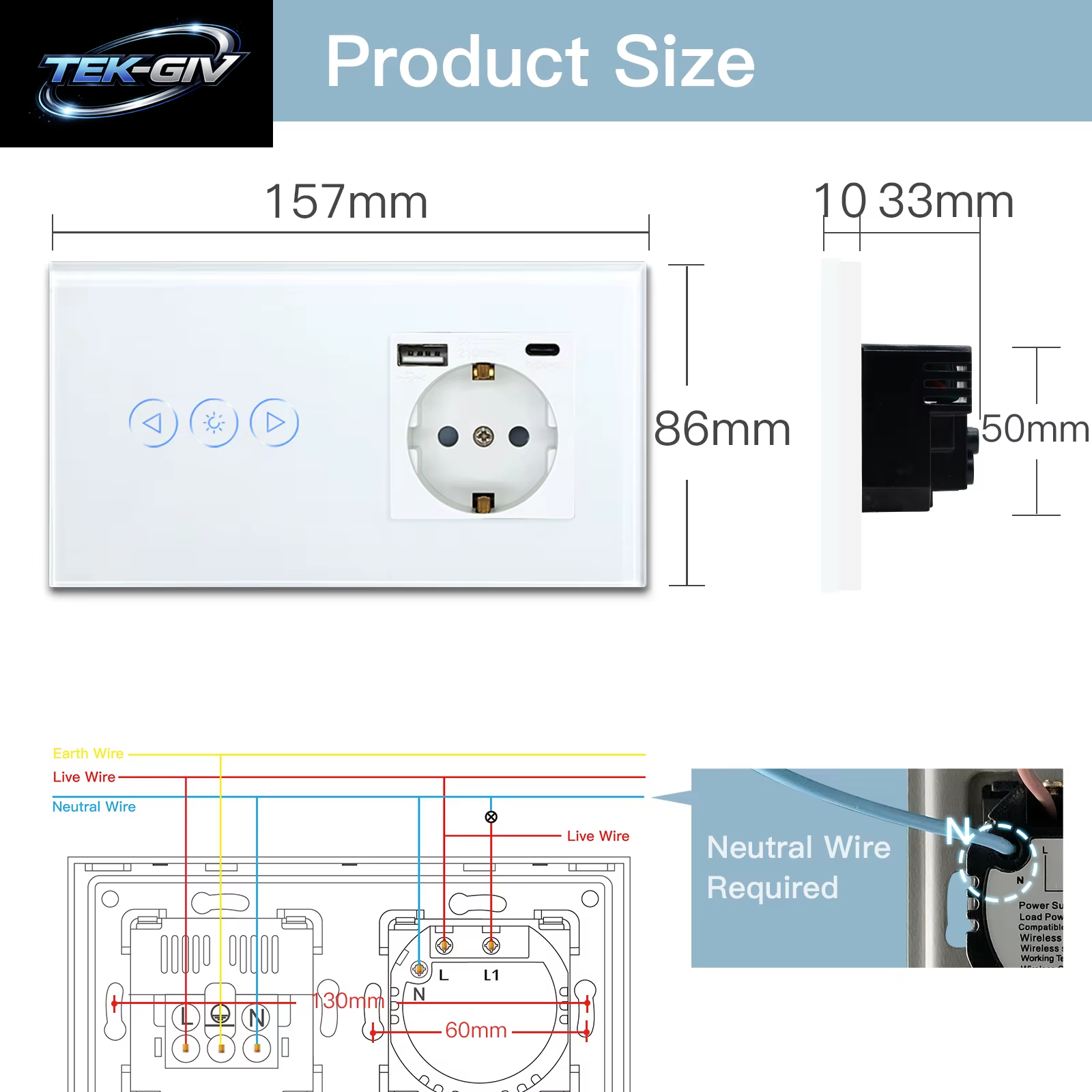 BSEED Wifi Dimmer Schalter 1Gang Smart Touch Schalter up down Tuya Smart Leben Alexa App Mit EU Steckdose Typ-C USB Ports