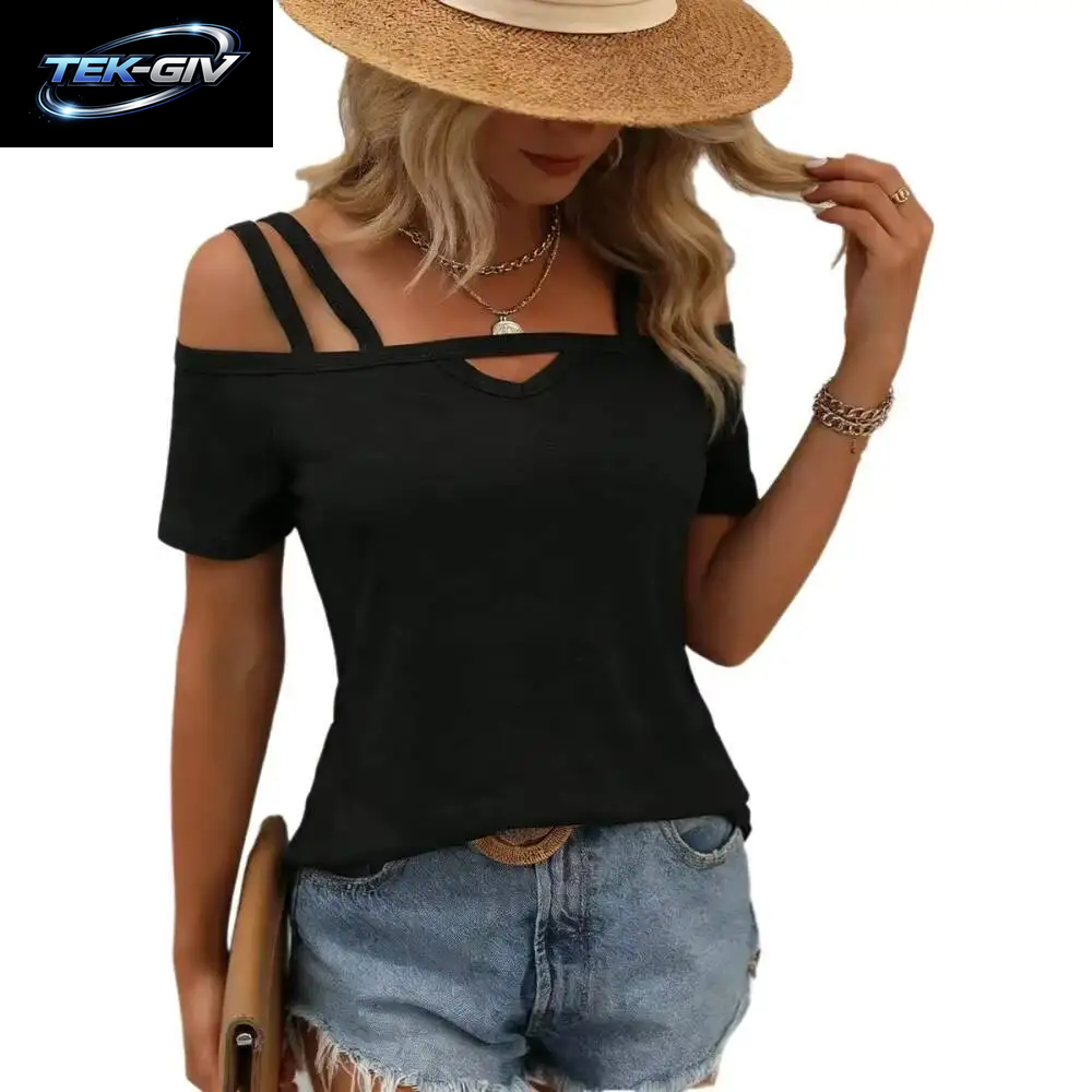 Damen T-Shirt Frühling Sommer Schwarz Cold-Shoulder Doppelriemen Ausschnitt-Kragen Kurzarm Valentinstag Lässiges Sexy Alltags-Oberteil