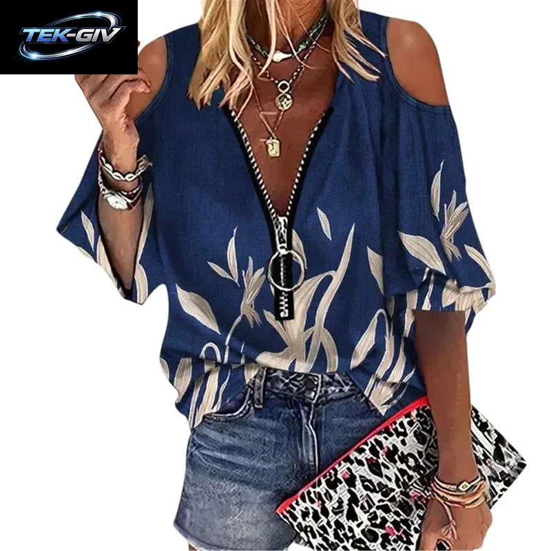 Sommer Frauen Print Tees Shirts Lose Vintage Zipper off Schulter Sexy Loch Bluse Top Lose 2024 Casual Kurzarm Tops
