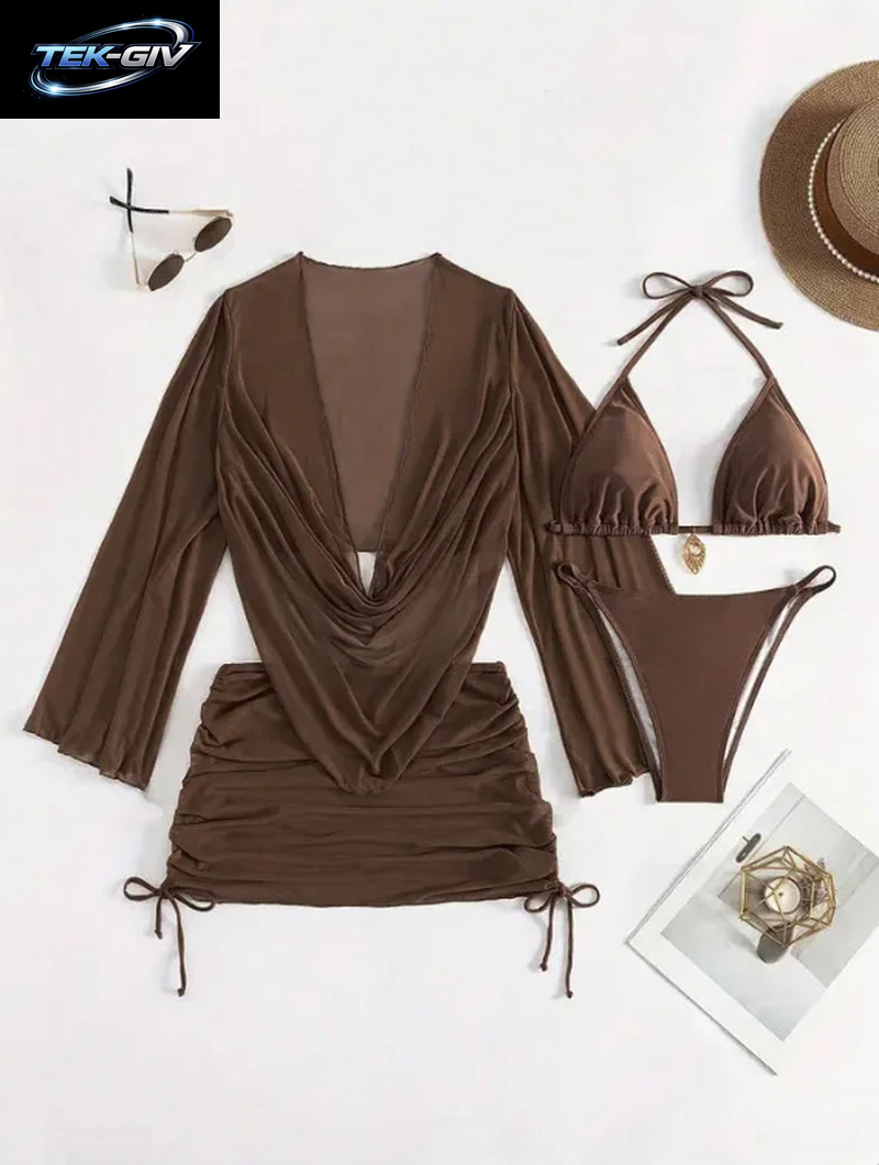4-Teiliges Sexy Einfarbiges Bikini-Set Mit Transparentem Überzug, Geeignet Für Urlaub, Strandparty, Perfekt Für Neujahr Und Valentinstag