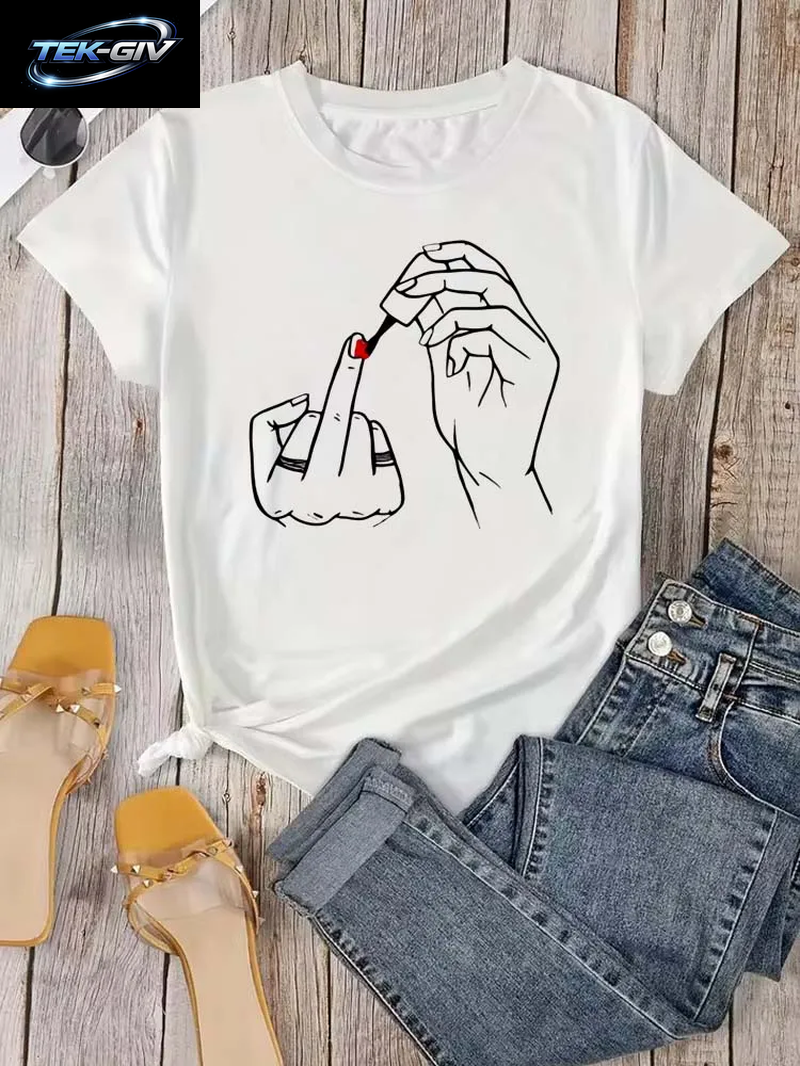 Frauen Mittelfinger Nagellack Drucke T Shirt Sommer Komfortable Weiche Kurzarm Oansatz Tops Casual Weibliche Kleidung