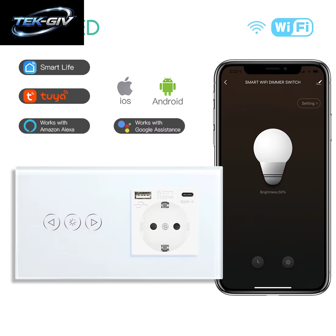 BSEED Wifi Dimmer Schalter 1Gang Smart Touch Schalter up down Tuya Smart Leben Alexa App Mit EU Steckdose Typ-C USB Ports