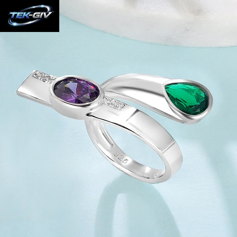 LAYA 925 Sterling Silber Glänzender Zirkon, Synthetischer Lila Und Grüner Kristall, Unregelmäßiger Großer Fingerring Für Männer Und Frauen, Modeschmuck