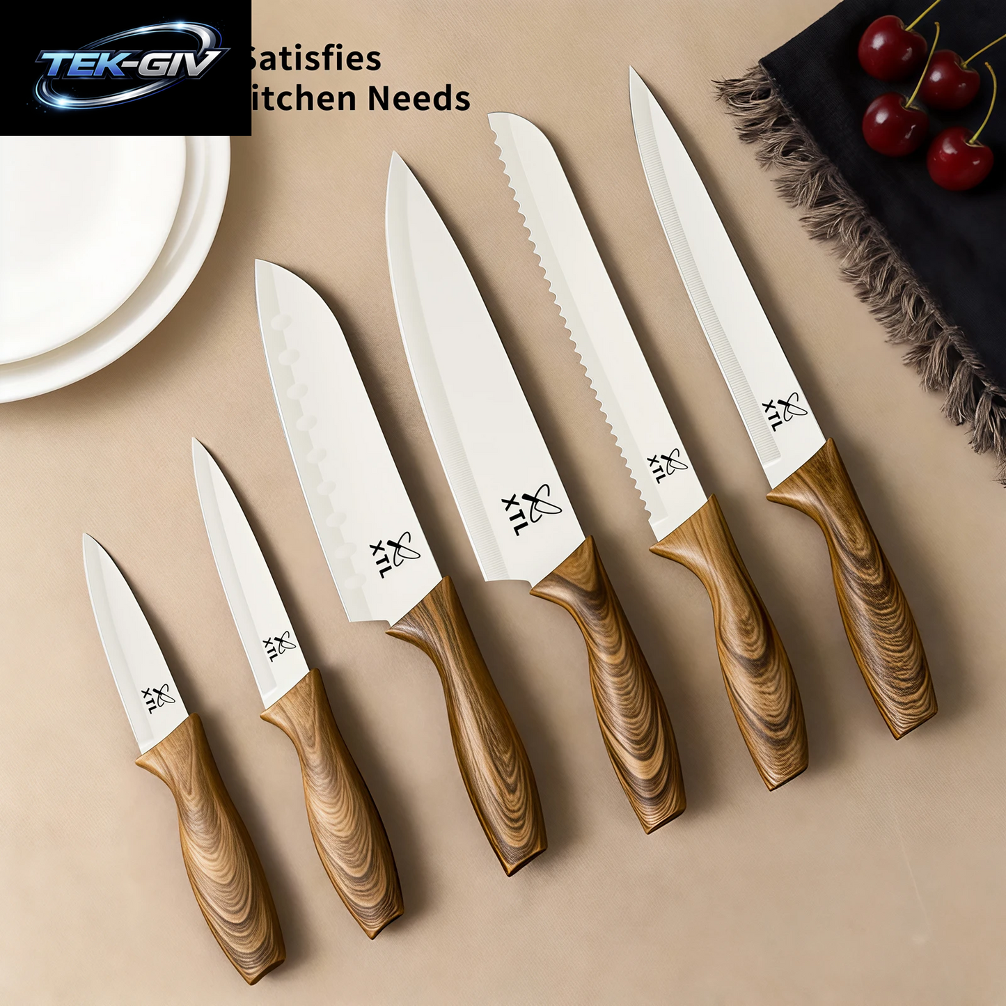 6-Teiliges Küchenmesser-Set Mit Keramikbeschichtung Edelstahl-Kochmesser-Set Mit 6 Klingenschutzvorrichtungen Und Holzgriff