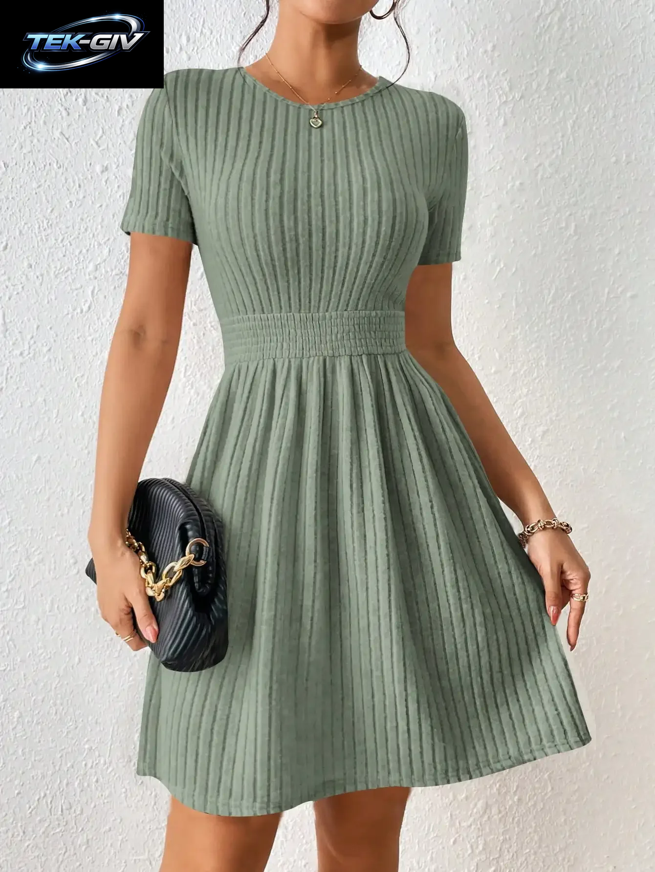 Modisches Lässiges Einfarbiges Geripptes Taille-Kleid Mit A-Linie, Neuerscheinung, Bequeme Elegante Damenkleidung