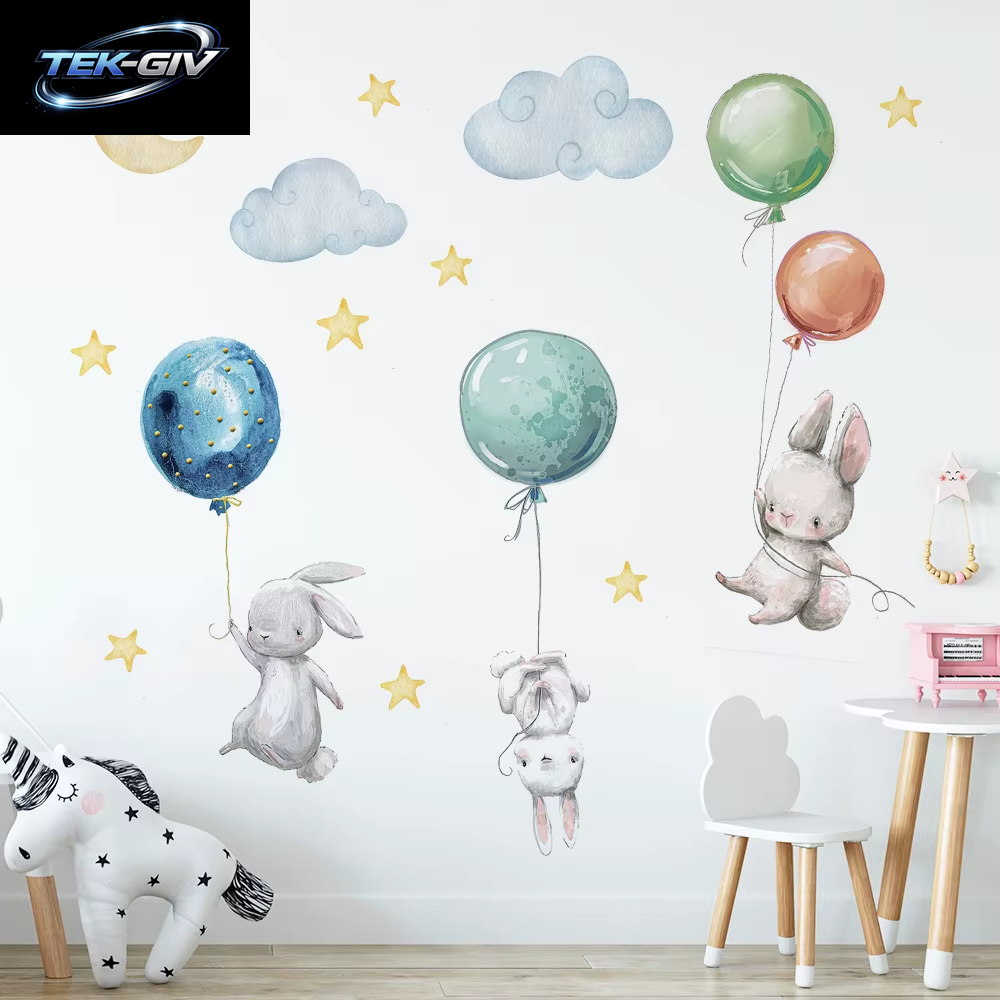 Niedliche Schöne Fliegende Kaninchen Wandaufkleber Luftballons Mond Stern Wolke Abnehmbarer Aufkleber Für Kinder Kinderzimmer Babyzimmer Dekor Poster Wandbild