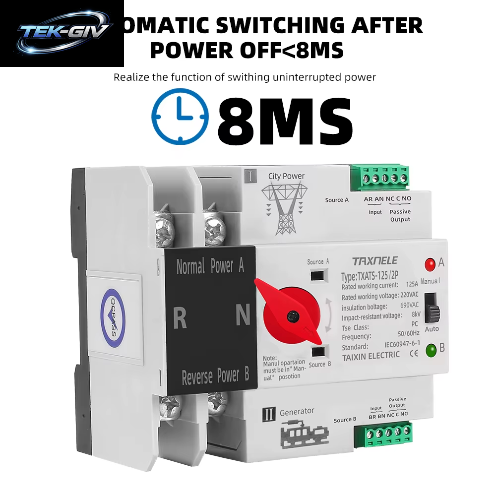 Din-Schiene 2P 3P 4P ATS Dual Power Automatischer Transferschalter Wahlschalter Unterbrechungsfreier Stromgenerator 63A 100A 125A