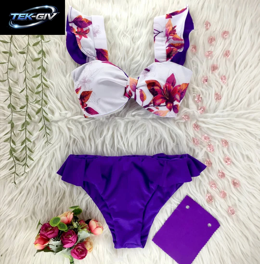 2026 High-Waist Bandage Bikini-Set Für Damen Mit Blumenmuster, Rüschen, Push-Up Und Riemchen – Brasilianischer Biquini Badeanzug