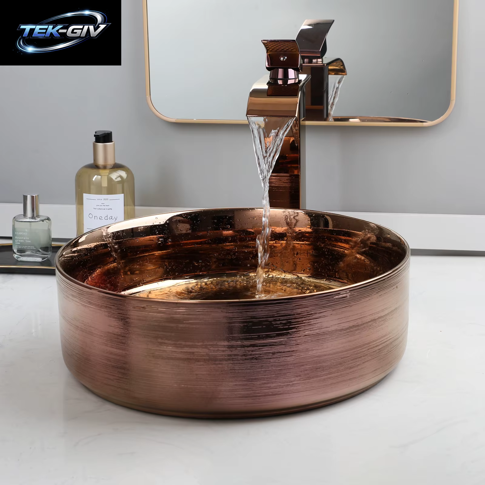 KEMAIDI Badezimmer-Waschbecken-Wasserhahn-Kombination, 35,6 Cm, Schüsselwaschbecken, Roségold, Waschbecken, Rundes Keramikwaschbecken Für Badezimmer, Theke