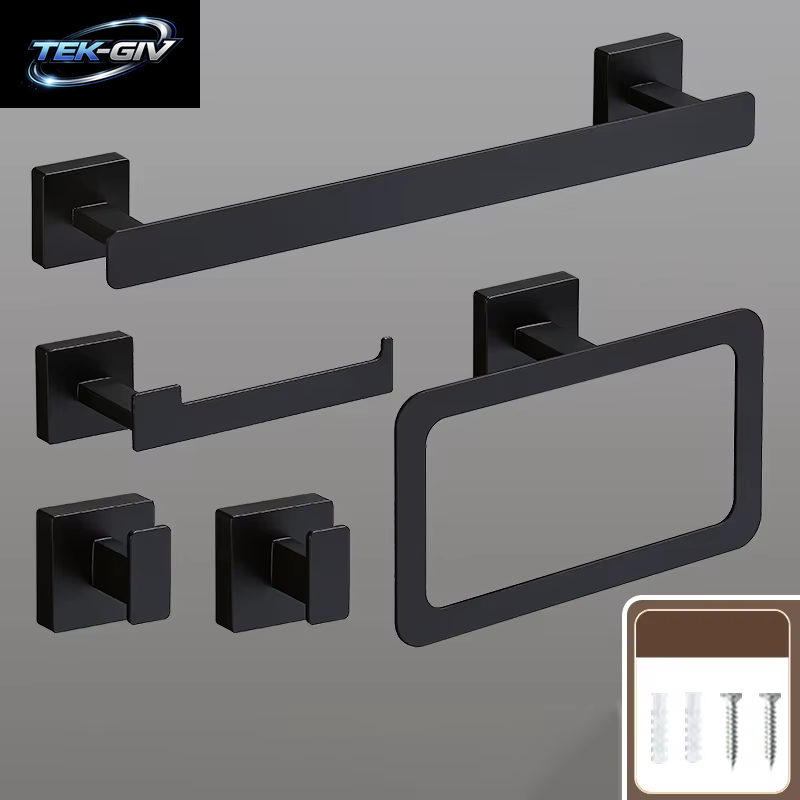 Mattschwarz Badezimmer Zubehör Set Wand Halterung Handtuch Bar Handtuch Ring Rollen Papier Halter Robe Haken Edelstahl Hardware Set