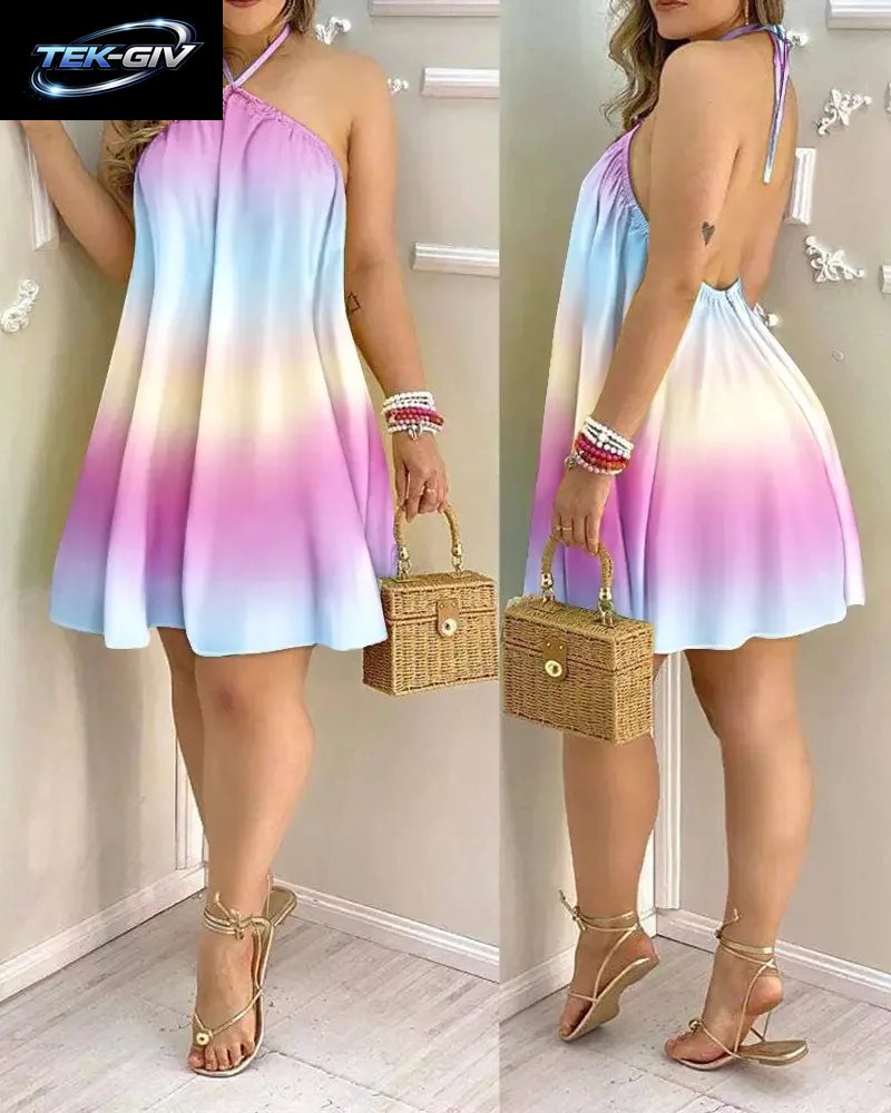 Damen 2026 Tropisches Blättermuster Neckholder-Minikleid Ärmellos Rückenfrei A-Linie Sommer Strandkleid Lässig