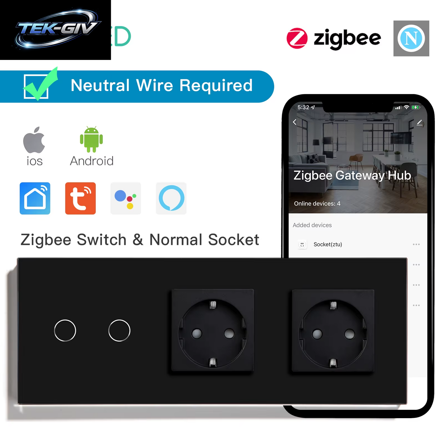 BSEED 1/2/3Gang Zigbee Wand-Touch-Schalter plus Eu-Steckdosen Doppelte Dreifach-Lichtschalter Tuya Smart Life App Neutral Erforderlich