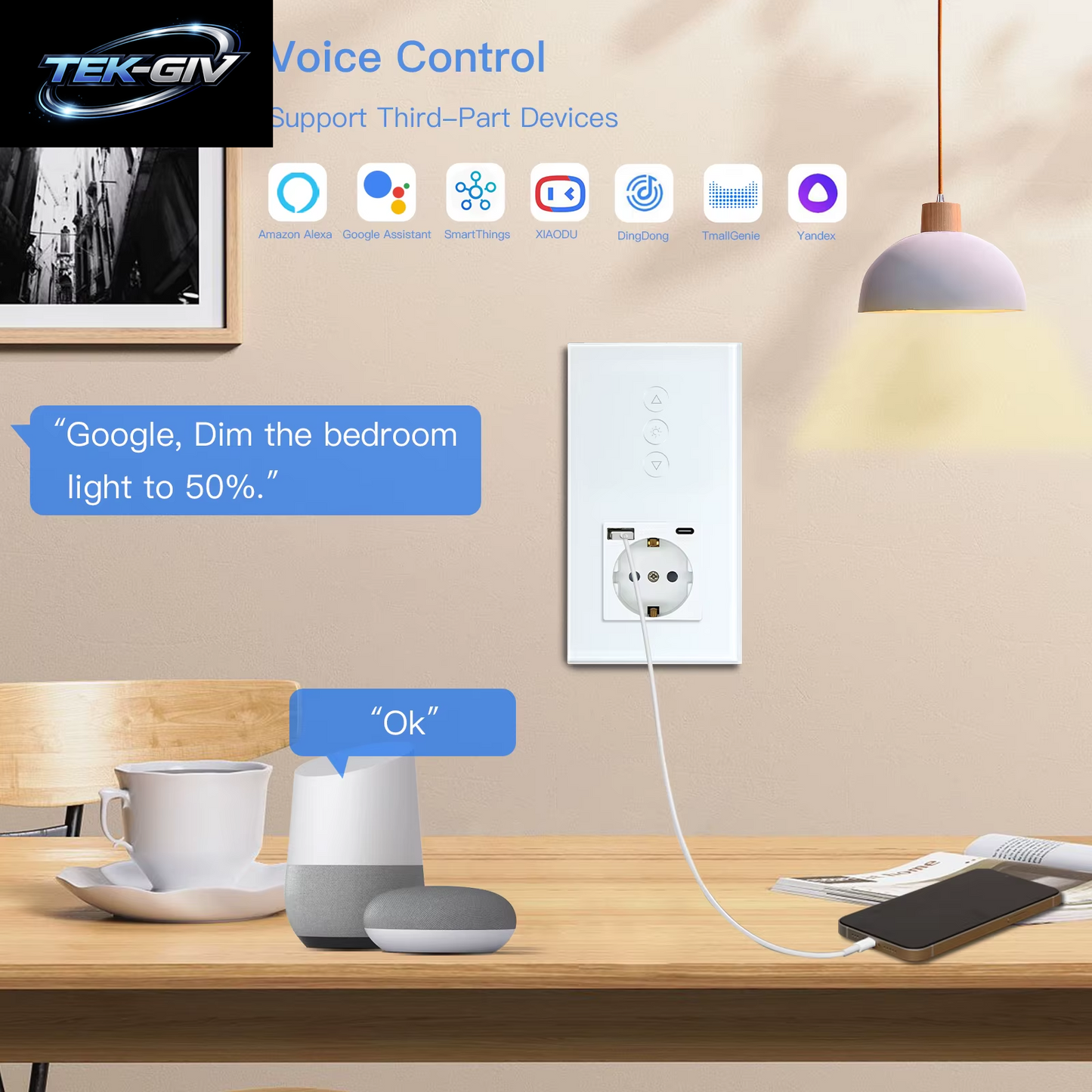 BSEED Wifi Dimmer Schalter 1Gang Smart Touch Schalter up down Tuya Smart Leben Alexa App Mit EU Steckdose Typ-C USB Ports