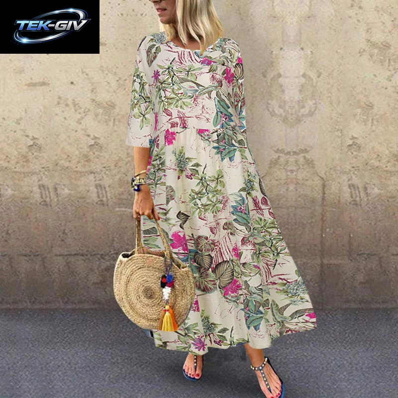 Damen Sommerkleid Mit Kurzen Ärmeln, ZANZEA Damenkleid Mit Blumenmuster, Bohemian-Stil, Elegant, Lässig, Übergroß, Lange Urlaubskleider