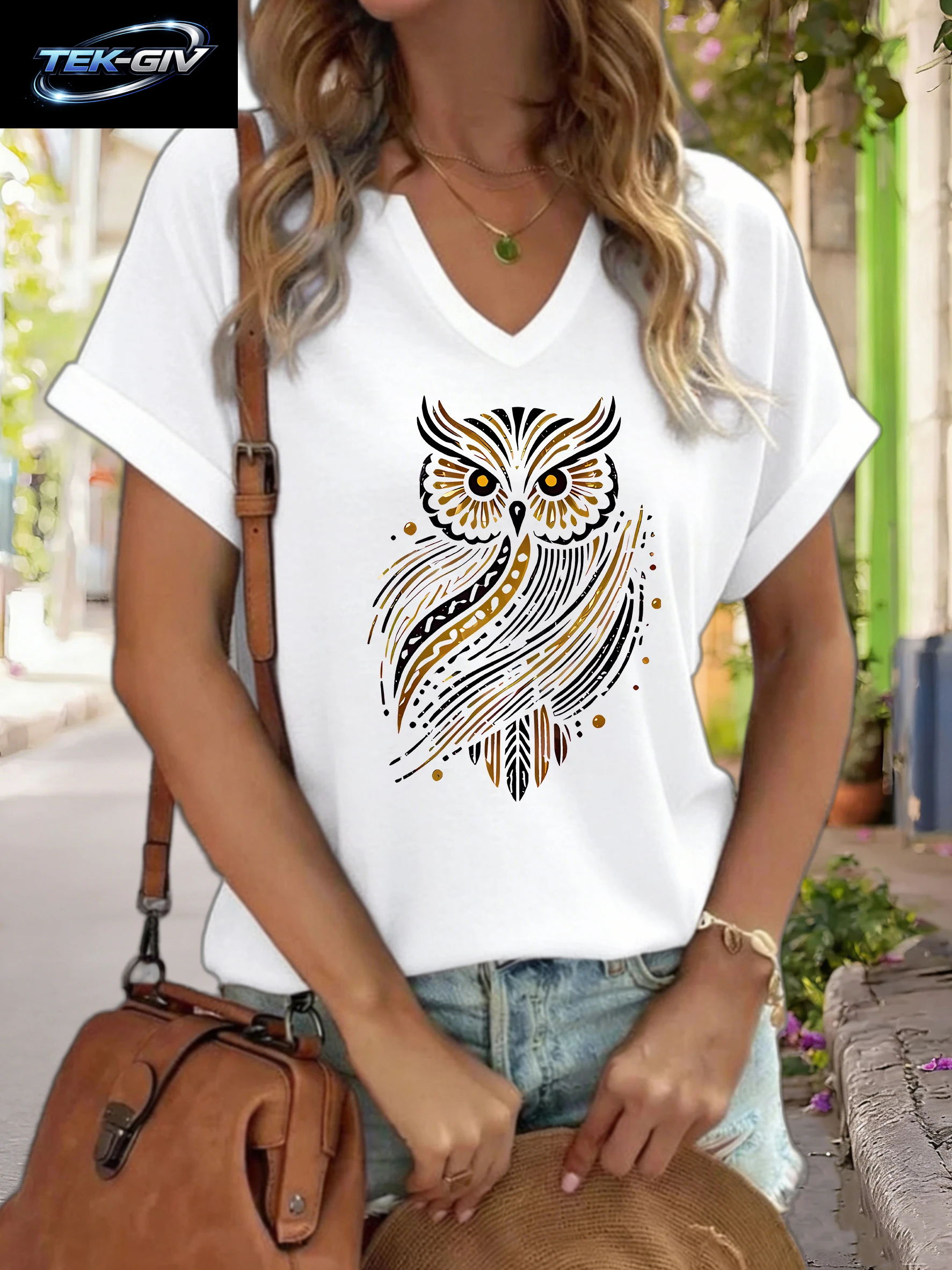 Damen-T-Shirt Mit V-Ausschnitt Und „Golden Tribal Owl“-Grafik, Boho-Tiermuster, Lässiges, Kurzärmliges Bohemian-Oberteil, Weiche Baumwolle Für Den Alltag