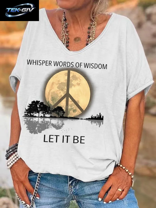 Damen-T-Shirts Mit Hippie-Let-It-Bet-Print, Damen-T-Shirt Mit V-Ausschnitt, Kurzärmelig, Lässige, Lockere Oberteile