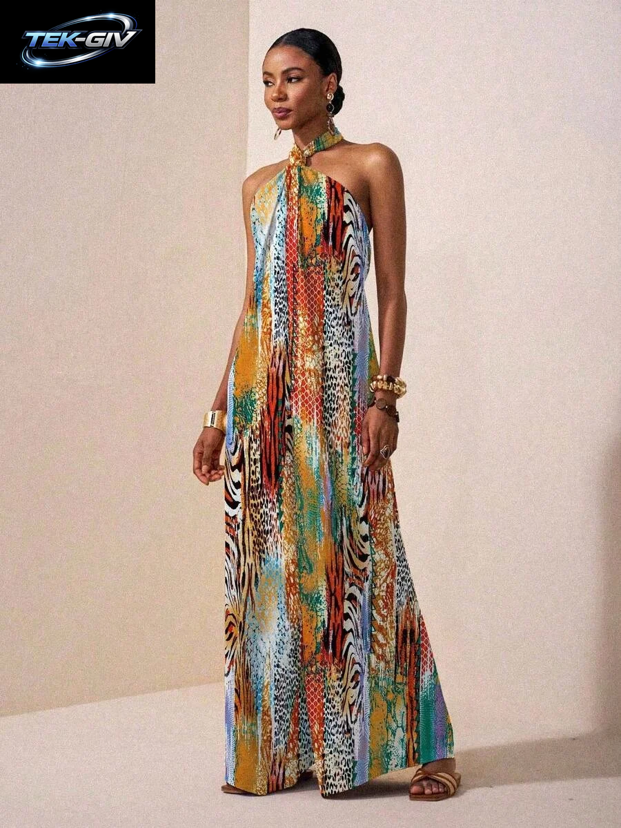 Damen-Maxikleid Mit Neckholder-Ausschnitt, Rückenfrei, Bedruckt, Lockere Passform, Ärmellos, Bohemian-Stil, Freizeitkleid, Frühling, Sommer, Urlaub, Strand-Outfit