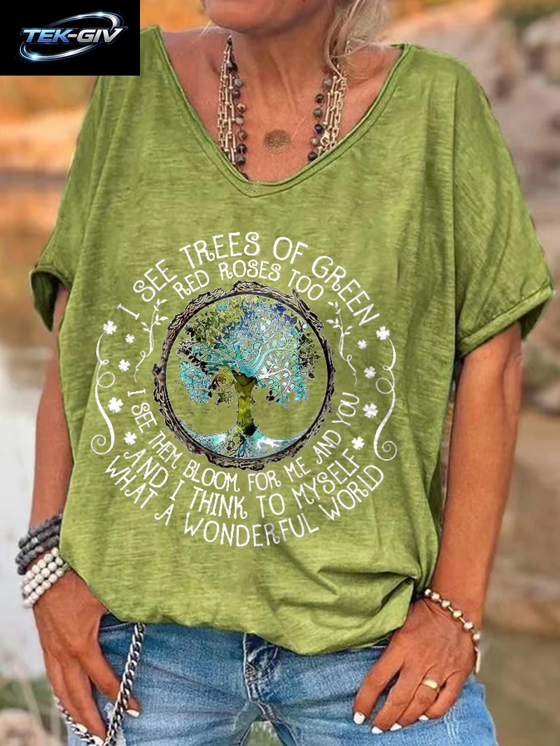 Ilstile Damen-T-Shirt Mit V-Ausschnitt, Hippie-Print „What a Wonderful World“, Sommer-Kurzarm-T-Shirt Für Damen, Oberteile, Lässige T-Shirts