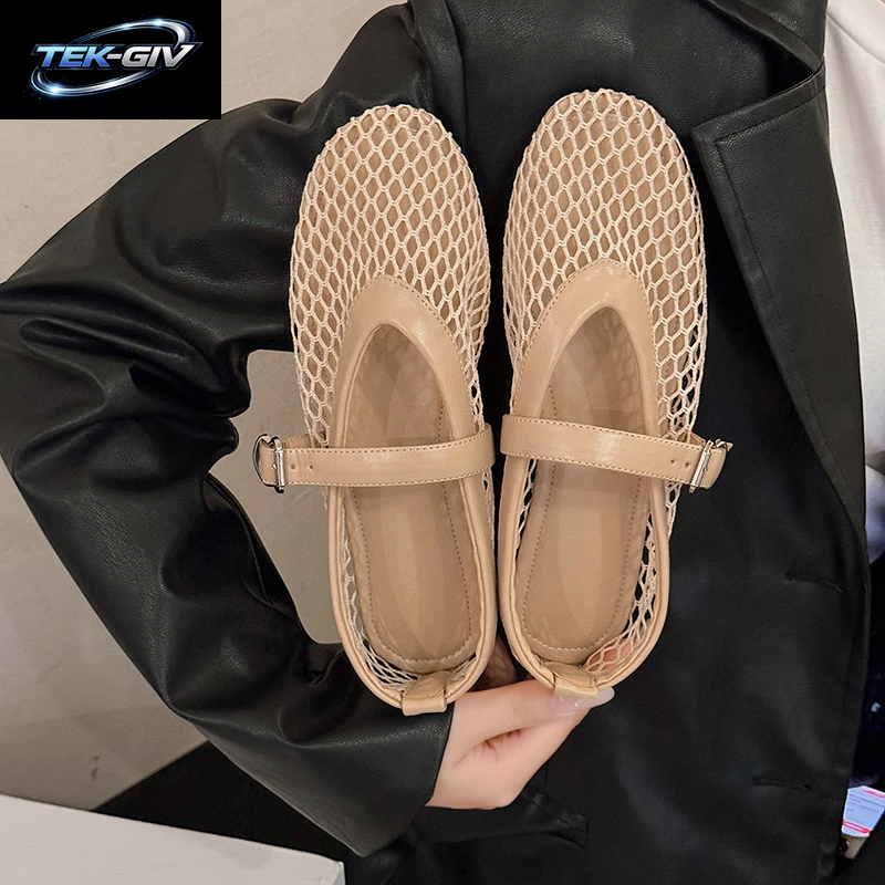 Im Sommer Tragen Runde Zehen, Gerade Schnallen, Lässig Und Bequem, Flache Damenschuhe, Ausgeschnittene Mary Jane-Einzelschuhe, Netzschuhe