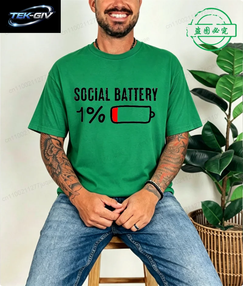 T-Shirt Für Männer, Social Battery 1 Percent, Lustiges Introvert-T-Shirt, Herren-Tops, Freizeitkleidung, Übergröße, Vintage-Kleidung, Trend-T-Shirt