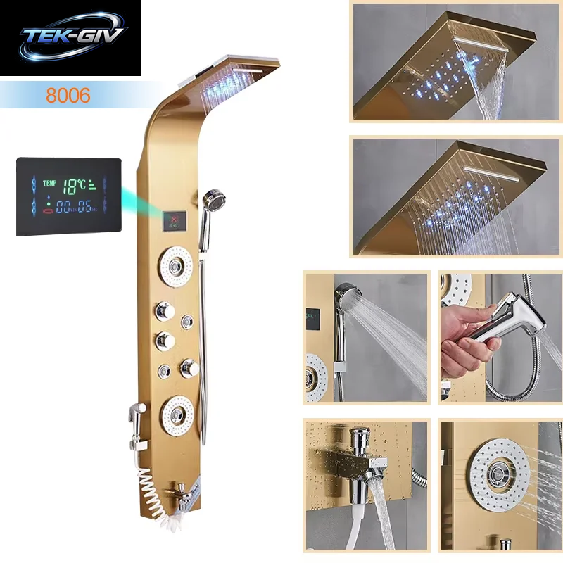 Luxus Bad Dusche Panel Wasserfall Regen Dusche Kopf Heiß Kalt Mischbatterie Bidet Wasserhahn Mit Handbrause Massage Jets Auslauf