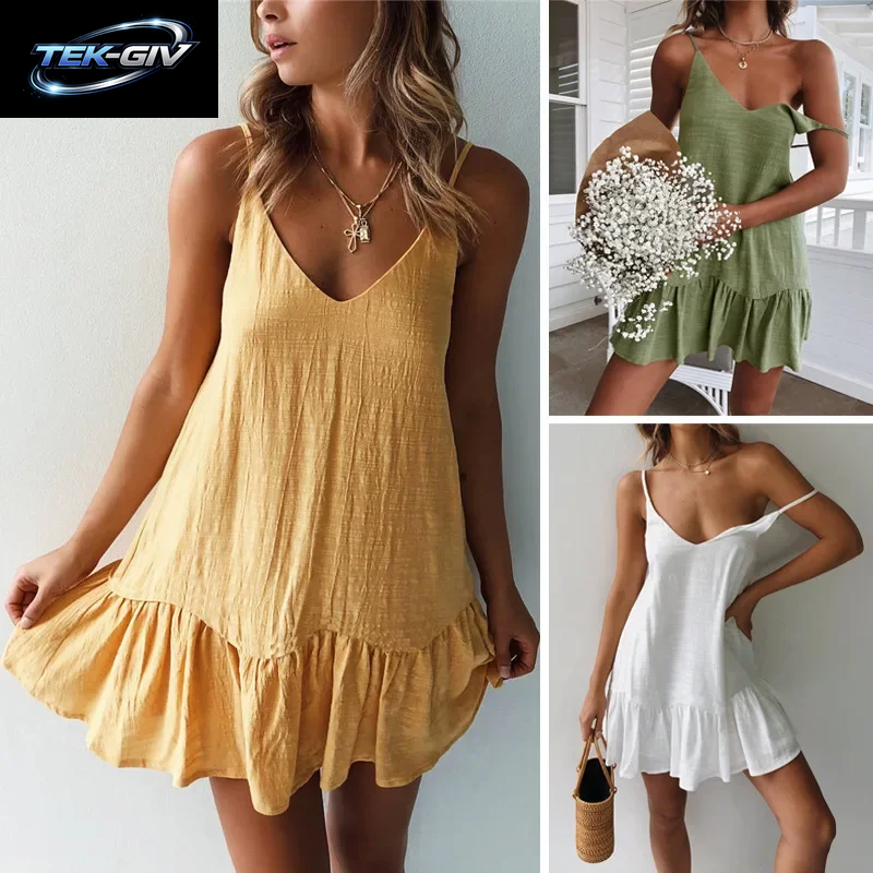 Kleid Frauen Sexy Spaghetti Strap Rüschen Sommer Kleid 2025, Baumwolle Leinen Vestidos Grüne Kleider off Schulter Sexy Mini Sommerkleid