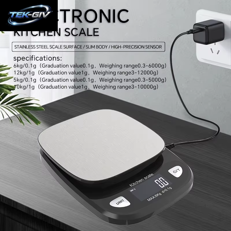 Wiederaufladbare Küchenwaage, Edelstahlplatte, Tragbare Küchen-Lebensmittelwaage, 6 Kg/12 Kg, Genaues Wiegen, Elektronische Digitalwaage