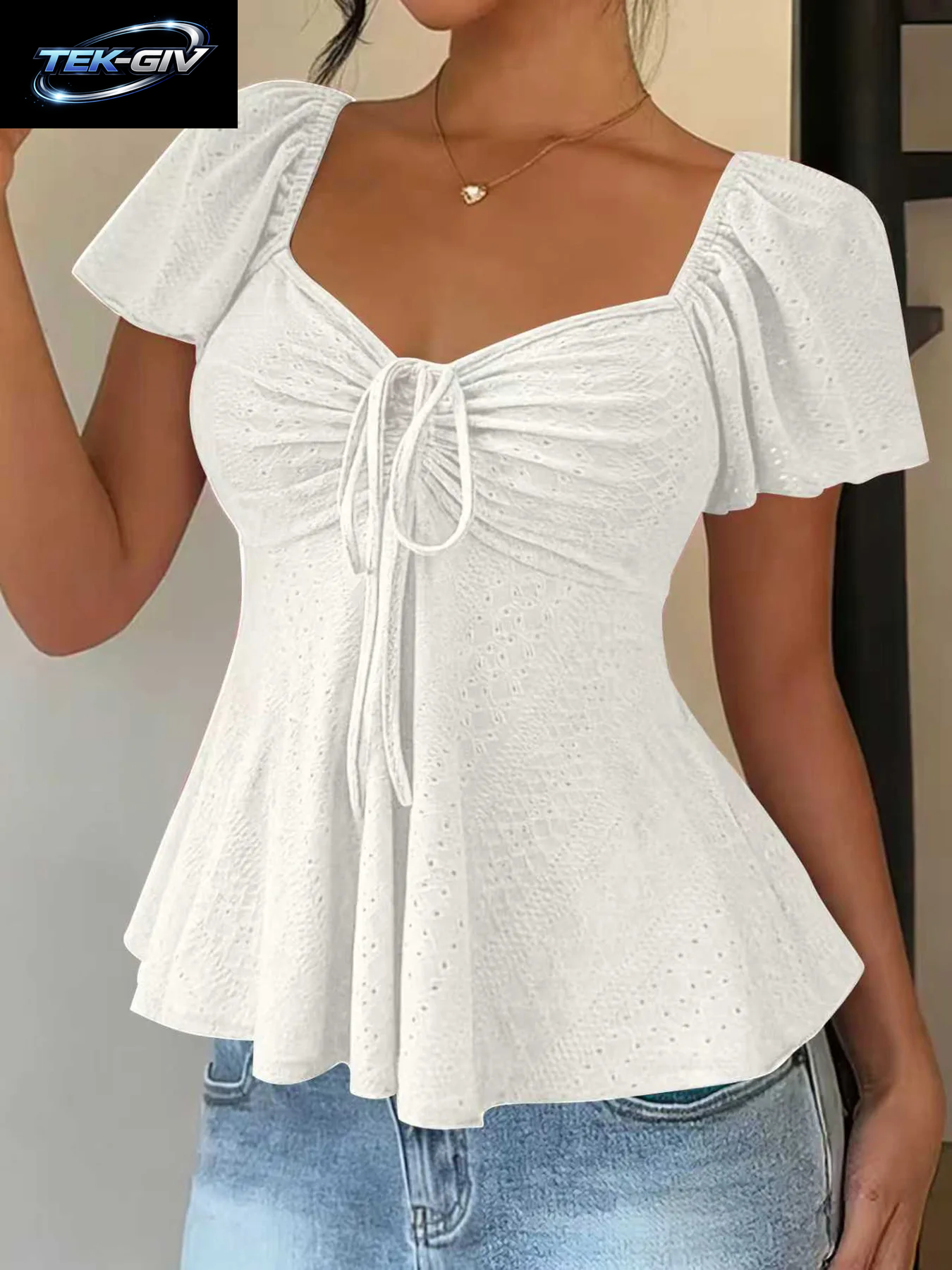 2026 Frauen Y2K Sommer Tops V-Ausschnitt Kordelzug Sexy Spitze up Kurzarm Einfarbig Shirts Weibliche Elegante Casual Mode Blusen