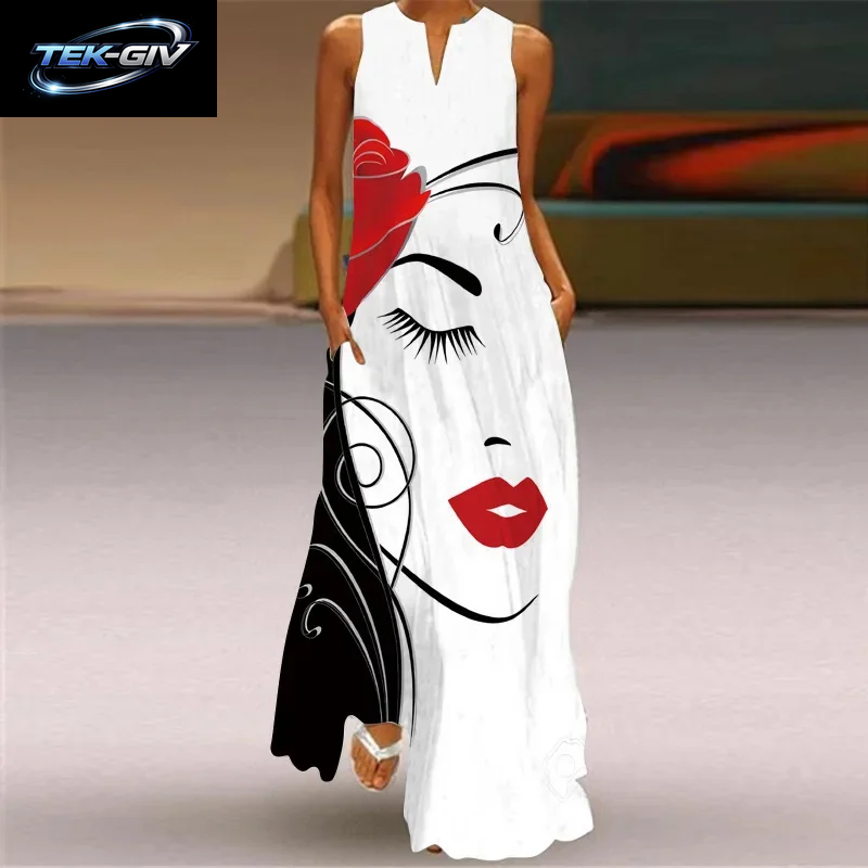 Sommer Outdoor Street Fashion Frauen Langes Kleid Neue Abstrakte Kunstdruck Kleid Ärmellose Weste V-Ausschnitt Mode Frauen Party Kleid