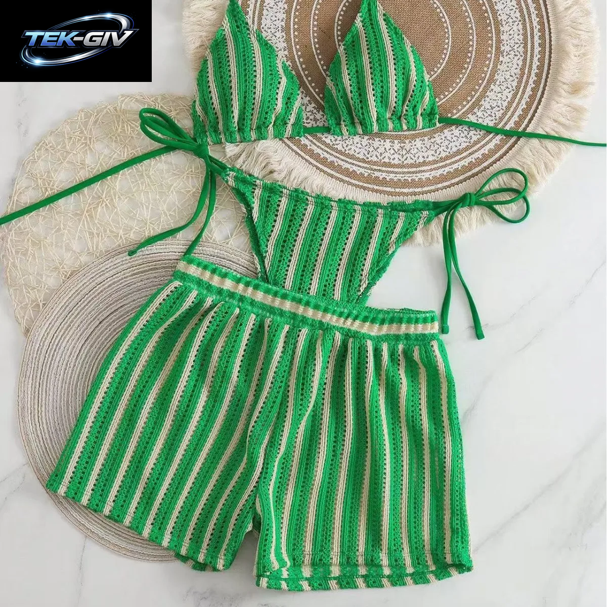 2026 Neuer Stil Boxershorts Mesh Dreiteiliges Damen-Badeanzug-Ausschnitt-Schnür-Bikini-Set