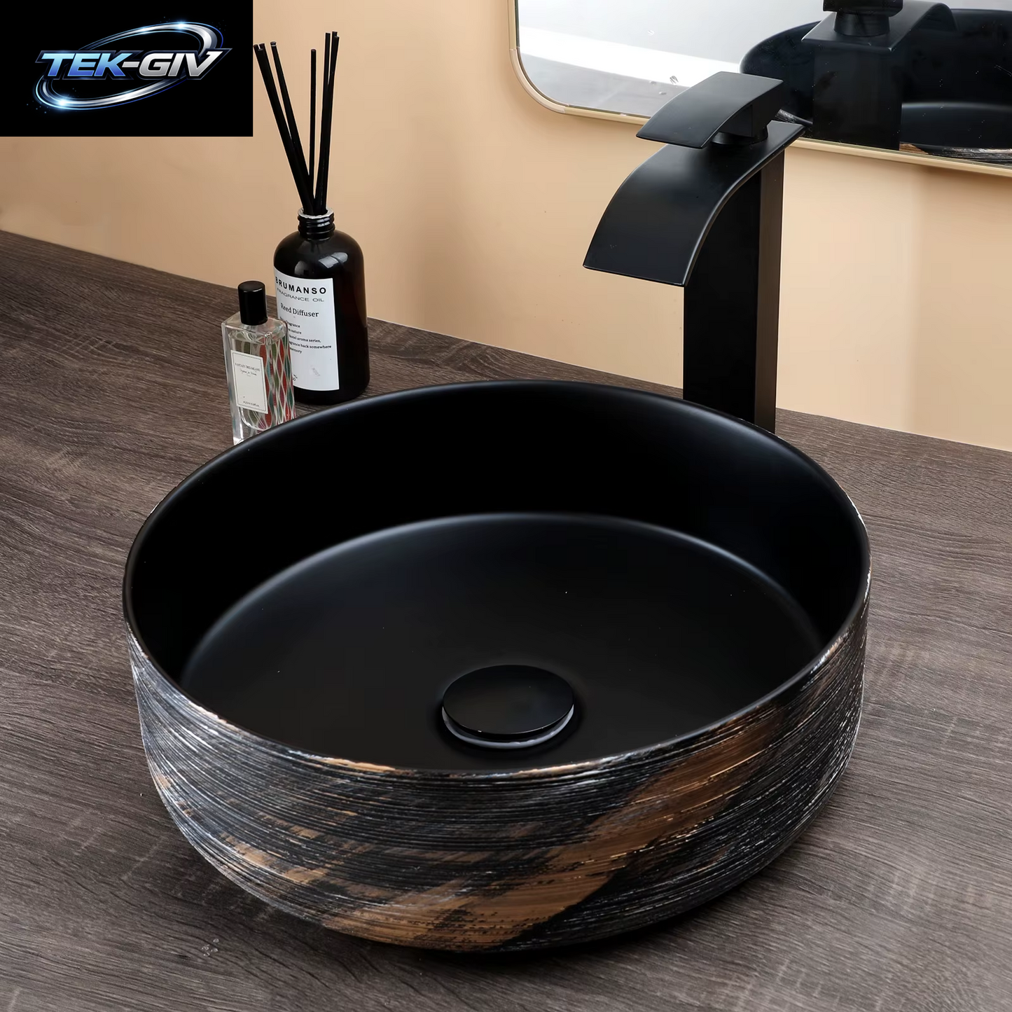 KEMAIDI Badezimmer-Waschbecken-Wasserhahn-Kombination, 35,6 Cm, Schüsselwaschbecken, Roségold, Waschbecken, Rundes Keramikwaschbecken Für Badezimmer, Theke