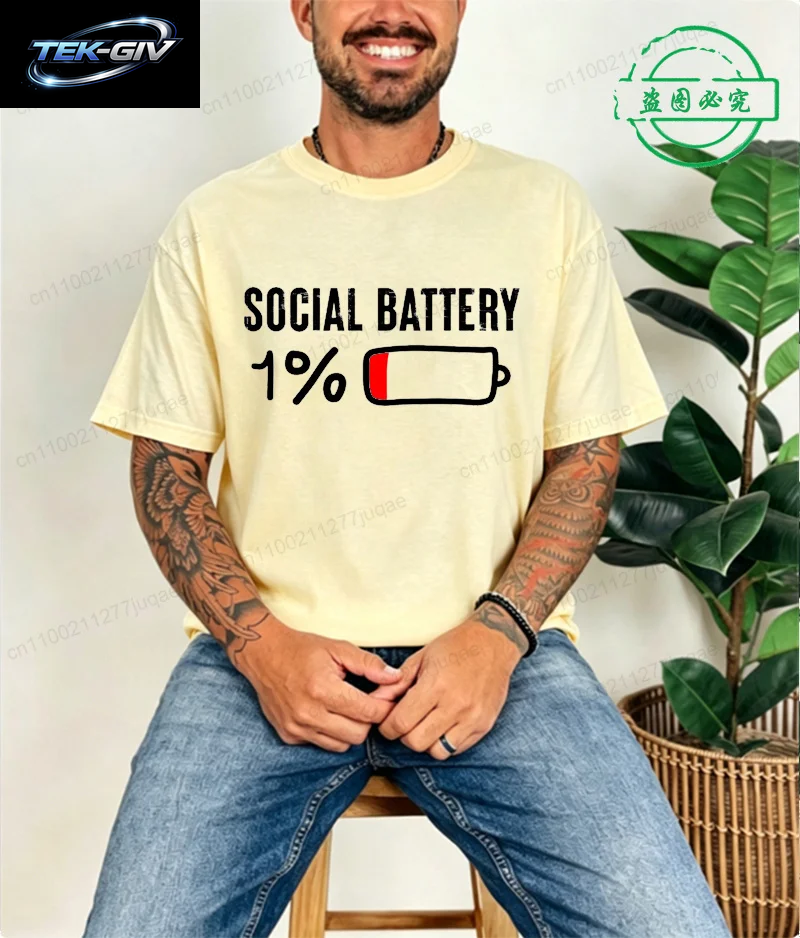 T-Shirt Für Männer, Social Battery 1 Percent, Lustiges Introvert-T-Shirt, Herren-Tops, Freizeitkleidung, Übergröße, Vintage-Kleidung, Trend-T-Shirt