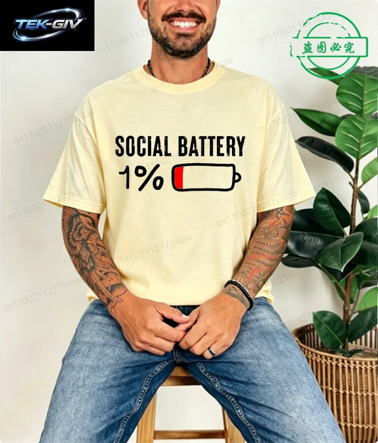 T-Shirt Für Männer, Social Battery 1 Percent, Lustiges Introvert-T-Shirt, Herren-Tops, Freizeitkleidung, Übergröße, Vintage-Kleidung, Trend-T-Shirt