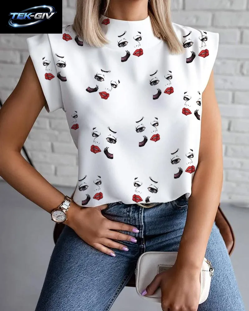 Damen-Bluse Mit Abstraktem Gesichtsdruck, Ärmellos, Stehkragen Und Knopfleiste Für Sommermode