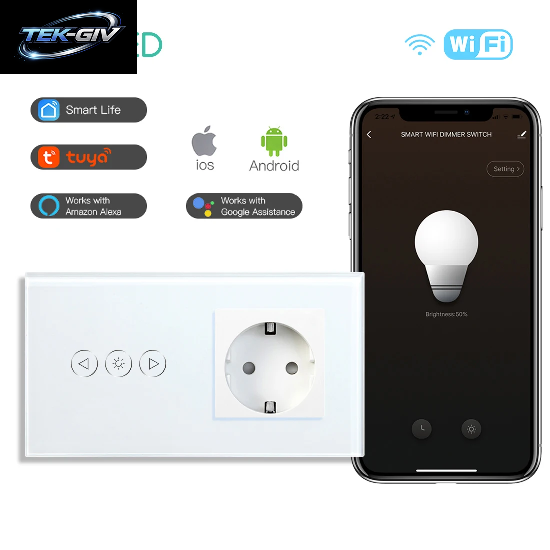 BSEED Wifi Dimmer Schalter 1Gang Smart Touch Schalter up down Tuya Smart Leben Alexa App Mit EU Steckdose Typ-C USB Ports