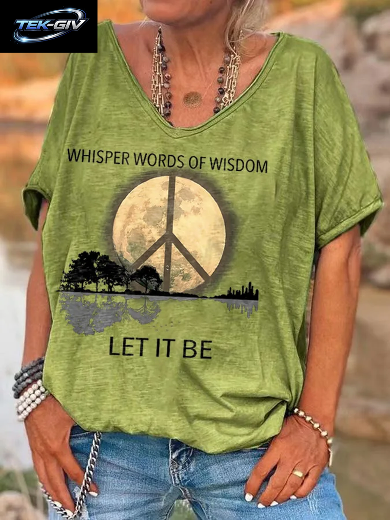 Damen-T-Shirts Mit Hippie-Let-It-Bet-Print, Damen-T-Shirt Mit V-Ausschnitt, Kurzärmelig, Lässige, Lockere Oberteile