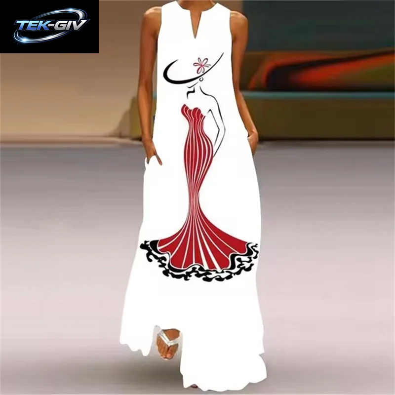 Sommer Outdoor Street Fashion Frauen Langes Kleid Neue Abstrakte Kunstdruck Kleid Ärmellose Weste V-Ausschnitt Mode Frauen Party Kleid