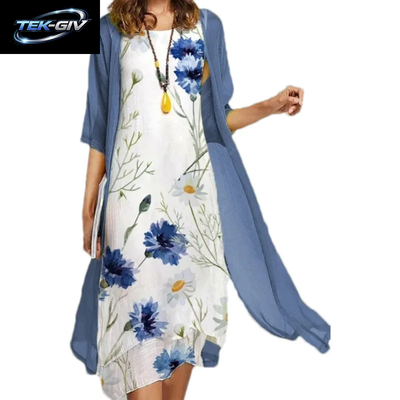 2025 Neu! Eu-Us Sommer-Set Für Damen, Lässig, Eleganz, 2, Bedruckt, Rundhalsausschnitt, Lockeres Kleid, Pullover, Mantel