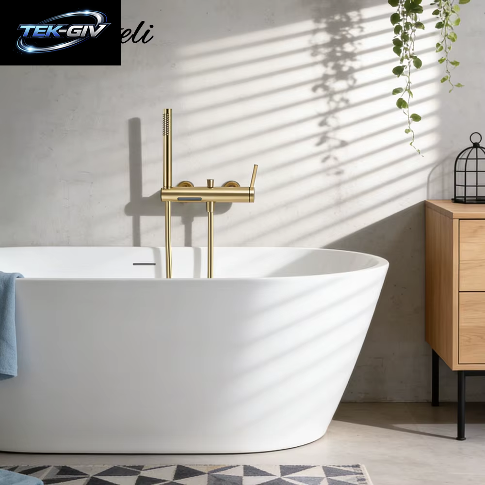 Badezimmer-Duscharmatur-Set Aus Gebürstetem Gold/Gunmetal, Wandmontage, Wasserfall, Massives Messing, Heißer Und Kalter Badewannen-Wasserhahn, 2 Griffe, 2 Löcher
