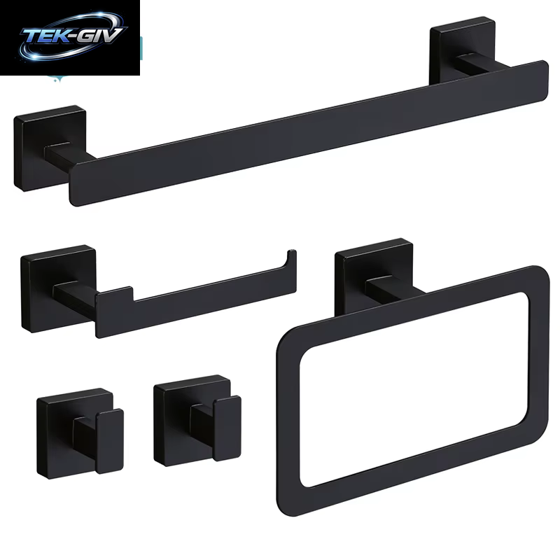 Mattschwarz Badezimmer Zubehör Set Wand Halterung Handtuch Bar Handtuch Ring Rollen Papier Halter Robe Haken Edelstahl Hardware Set