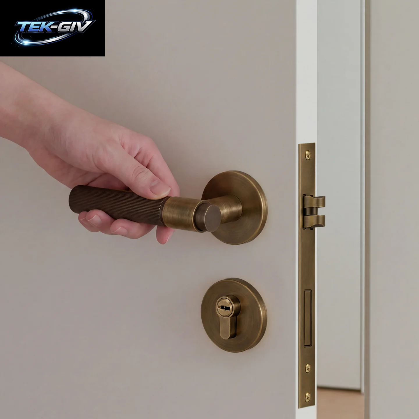 DOOROOM Messing-Türschloss-Set, Modernes Streifenmuster, Antike Bronze, Innentürschloss, Dekoratives Schloss, Privatsphäre-Schloss, Durchgangsschloss