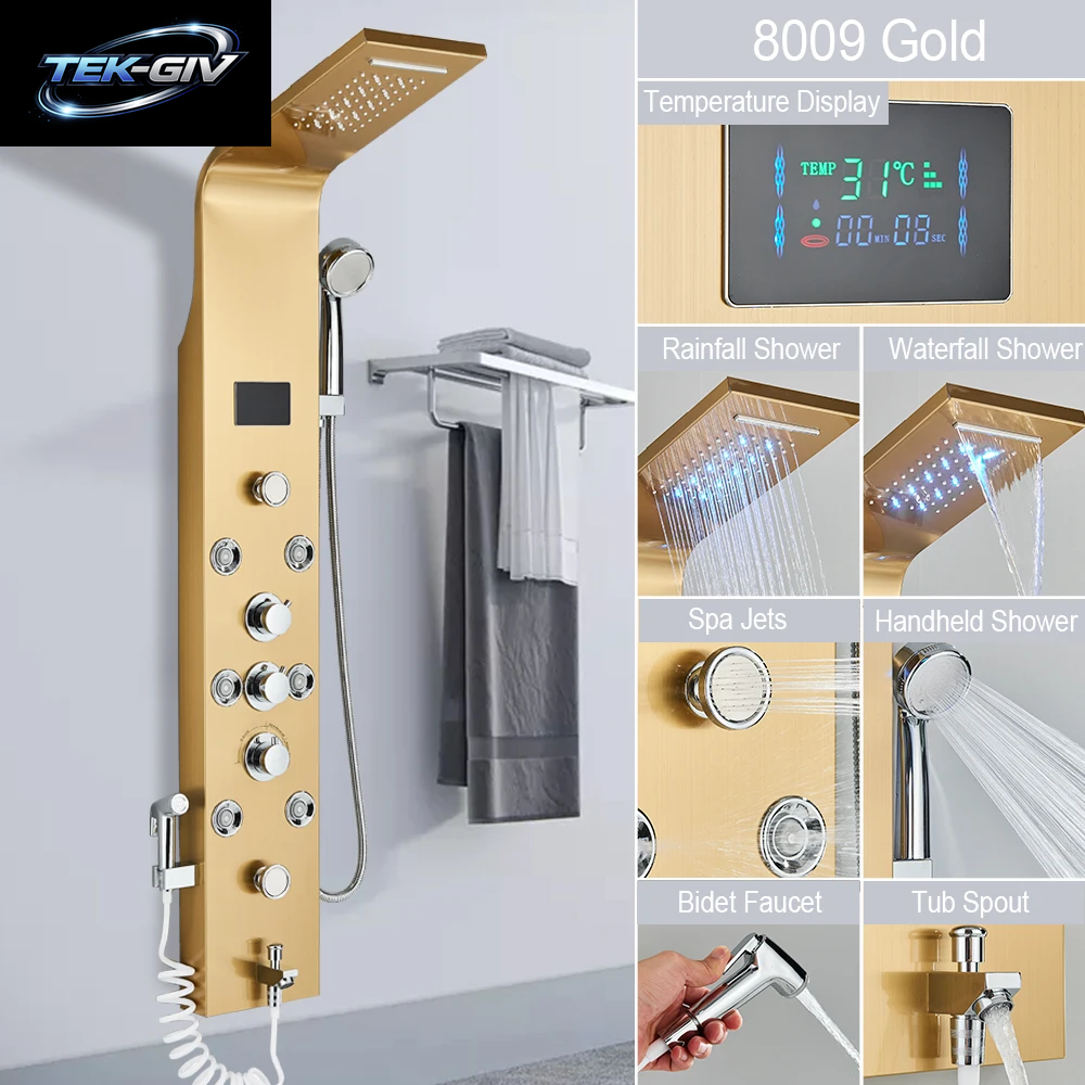 Luxus Bad Dusche Panel Wasserfall Regen Dusche Kopf Heiß Kalt Mischbatterie Bidet Wasserhahn Mit Handbrause Massage Jets Auslauf