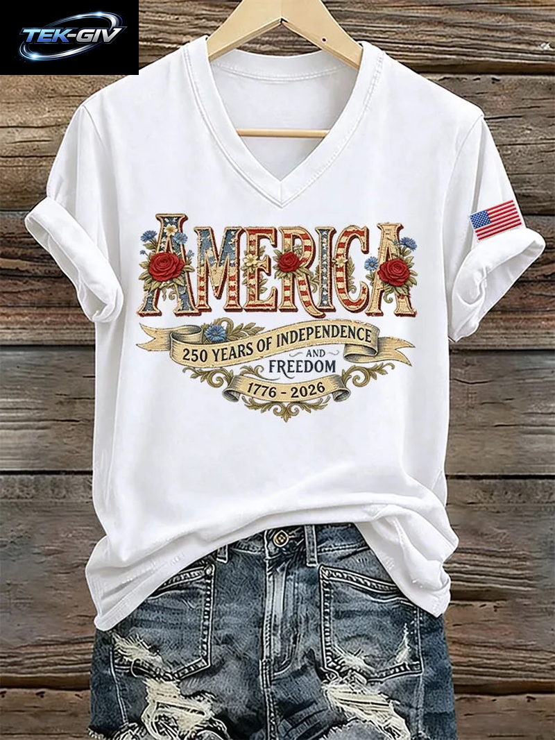 NEUE Damen-T-Shirts Mit Us-Flaggen-Aufdruck 1776-2026, Sommer-T-Shirt Zum 250. Jahrestag Amerikas, Kurzärmelig, Lässige Oberteile Mit V-Ausschnitt