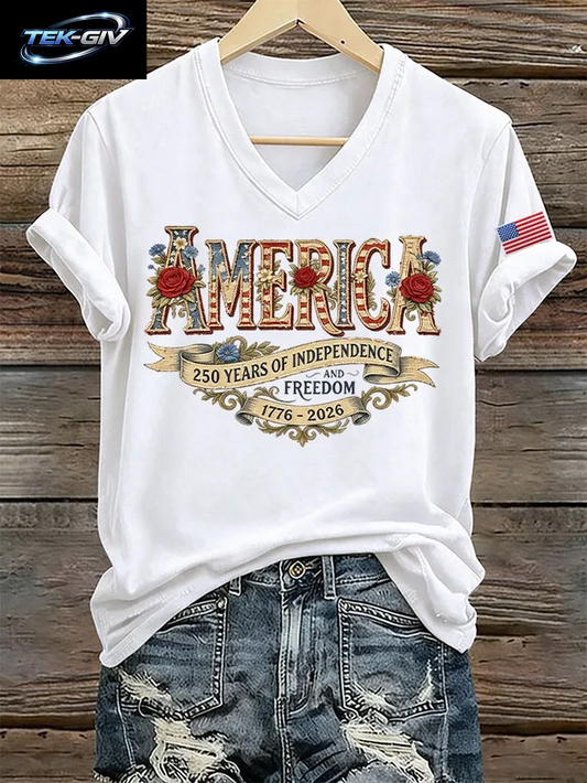 NEUE Damen-T-Shirts Mit Us-Flaggen-Aufdruck 1776-2026, Sommer-T-Shirt Zum 250. Jahrestag Amerikas, Kurzärmelig, Lässige Oberteile Mit V-Ausschnitt