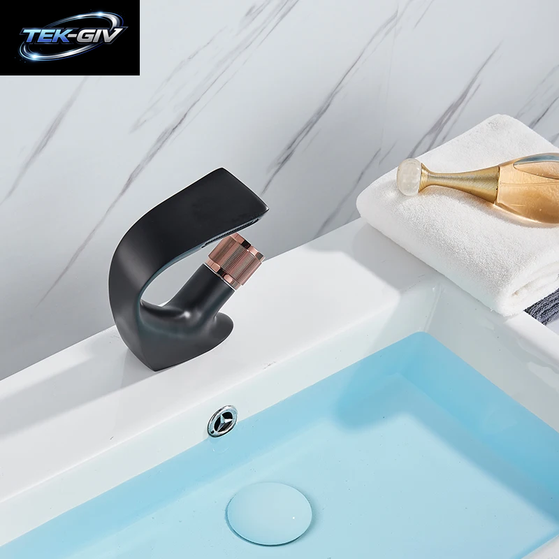 Rozin Matte Schwarz Becken Armaturen Wasserfall Moderne Messing Bad Wasserhahn Deck Montieren Einfache Design Kran Kalten Heißer Wasser Mischbatterie