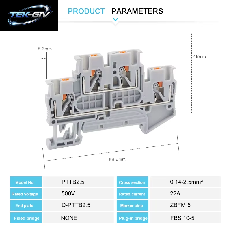 10 Stück PTTB 2,5 Push-In Doppelstufe Din-Schienenklemmenblock 2 Schicht 2,5 Mm2 Stecker Elektrokabelanschluss PTTB2.5