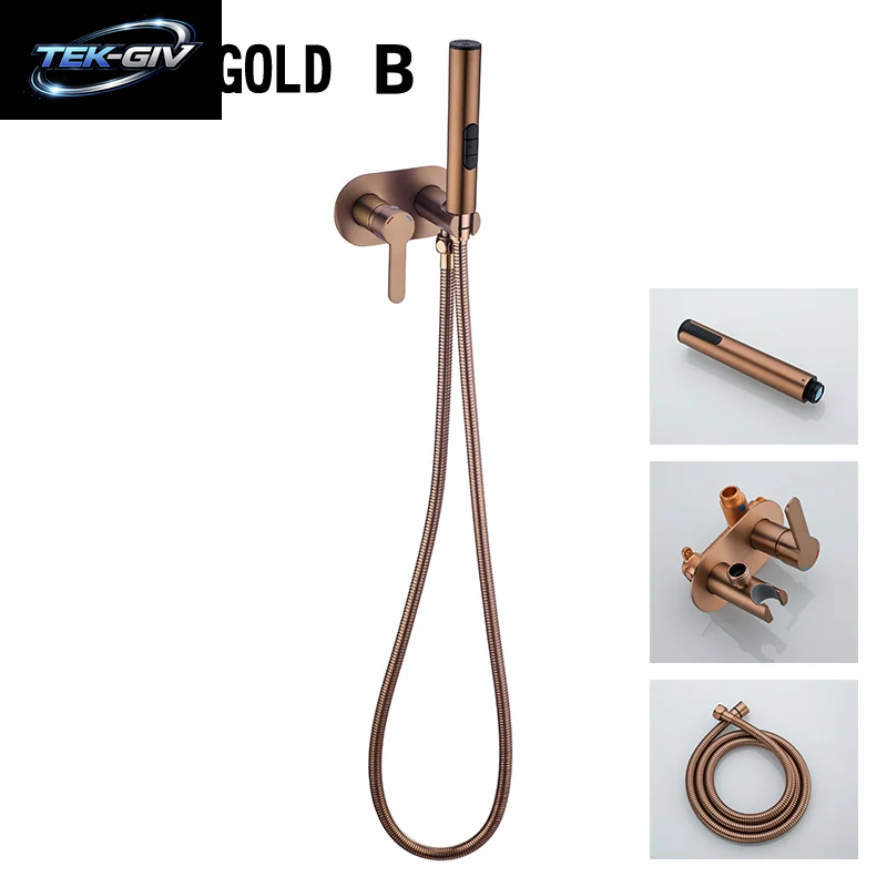 Gebürsteter Gold-Bidet-Wasserhahn, Messing-Duscharmatur, Waschtischmischer, Kalt- Und Warmwassermischer, Quadratischer Duschbrausekopf, Wc-Armaturen